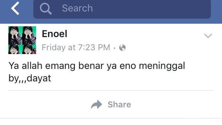 Misteri Status Facebook Eno yang Update Usai Kematiannya Misteri Status Facebook Eno yang Update Usai Kematiannya