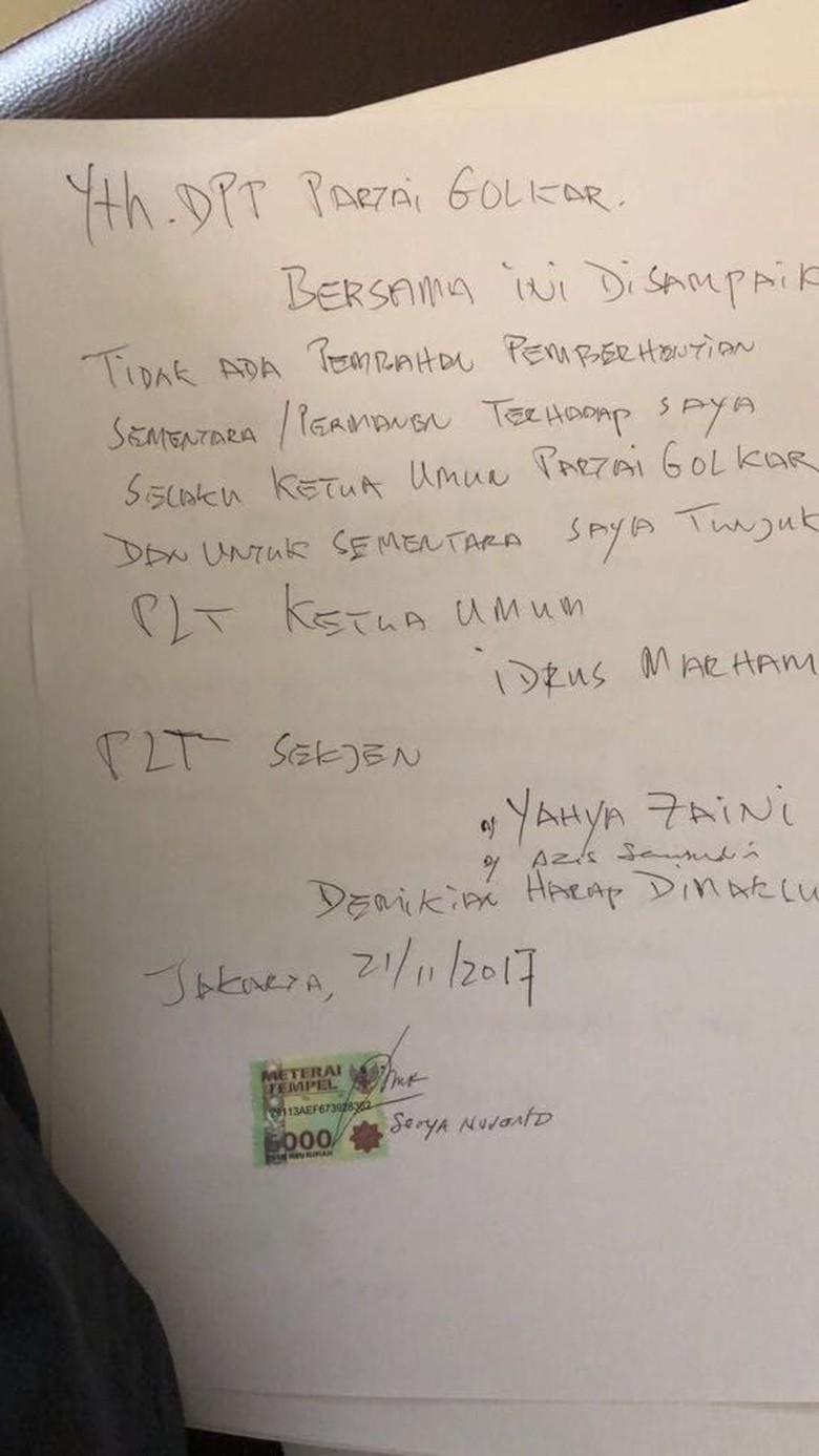 Ini Tulisan Tangan Novanto Tolak Dicopot dari Ketua DPR-Ketum Golkar