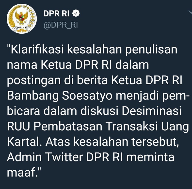Salah Sebut Bambang Setya Novanto, Admin Twitter DPR Minta Maaf Salah Sebut Bambang Setya Novanto, Admin Twitter DPR Minta Maaf