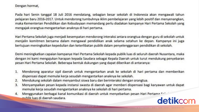 Mendikbud Imbau Ortu Antar Anak di Hari Pertama Sekolah ini Surat