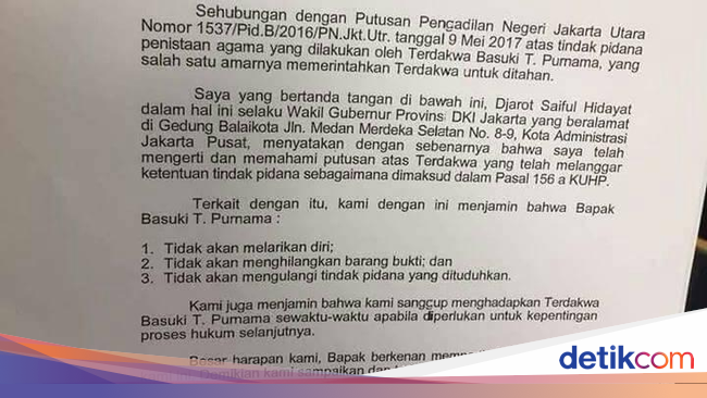 Ini Surat Jaminan Penangguhan Penahanan Djarot untuk Ahok