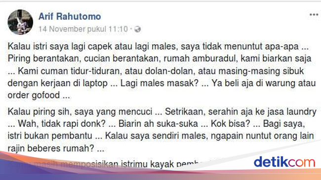 Viral Curhatan Suami Zaman Now di FB soal Istri Bukanlah Pembantu