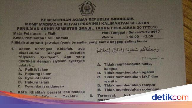 Viral Ujian Madrasah Bahas Khilafah Kemenag Tak Ada Yang Salah
