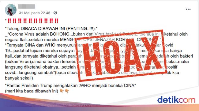 Viral Hoax Corona Disebut Karena Bakteri Bisa Sembuh Pakai