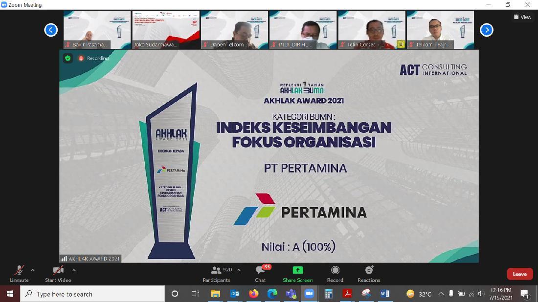 Pertamina Dapat Penghargaan Di Ajang AKHLAK Award 2021