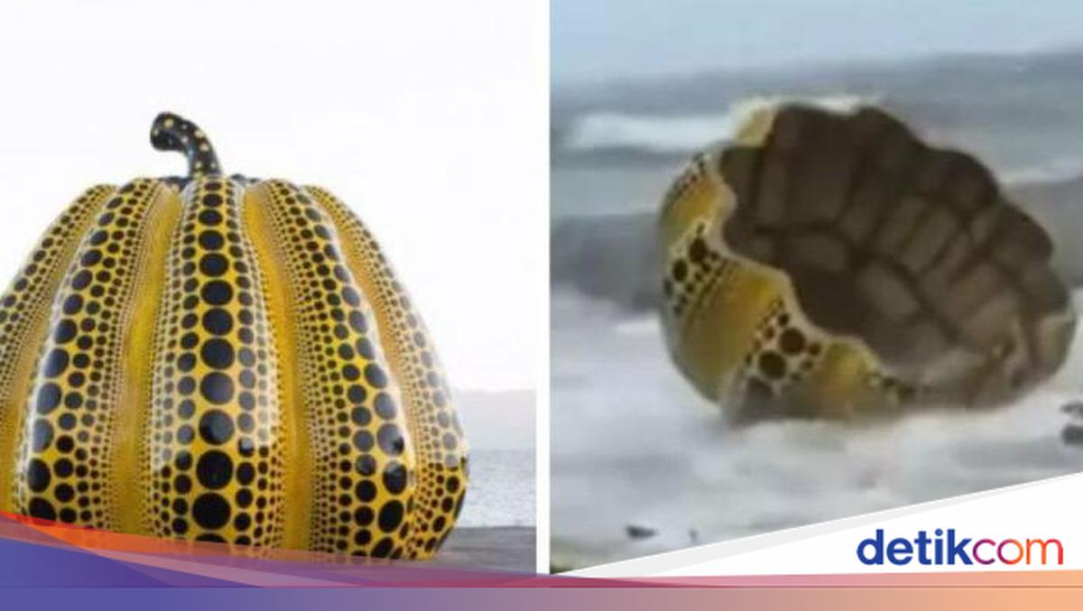 Viral! Patung Labu Kuning Yayoi Kusama Rusak Diterjang Topan