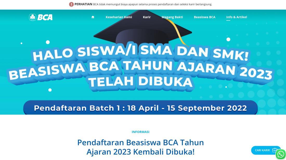 Beasiswa BCA 2023 Lulusan SMA - SMK Dibuka, Kuliah Gratis Plus Asrama