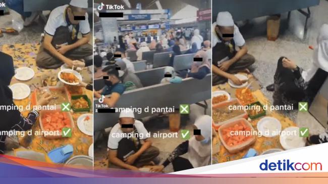 Interesting spouse and children picnic at the airport, distribute out the mats and present meals on the ground!