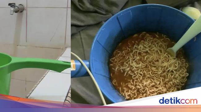 Kocak! Anak Kos Ini Makan Mie Instan Pakai Gayung