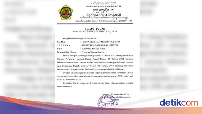 Viral, Sekda Gianyar Keluarkan Surat Tugas Pantau TPS kepada ASN
