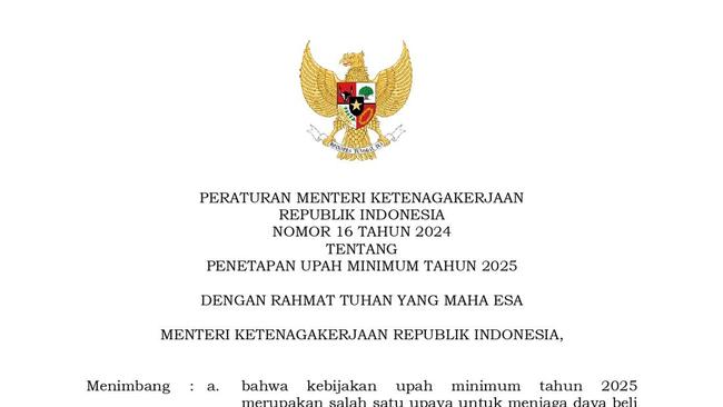 Permenaker No 16 Tahun 2024: Isi Aturan UMP 2025 dan Link PDF