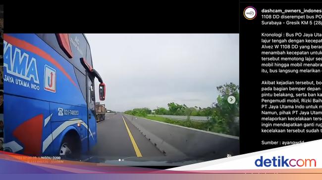 Detik-detik Bus PO Jaya Utama Potong Jalur hingga Serempet Wuling Alvez