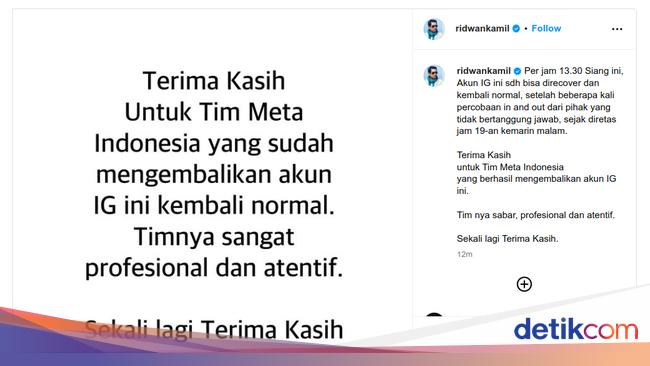 Pulih Lagi Akun IG RK Usai Diretas Unggah Foto 'Tanggung Jawab Jangan Lari