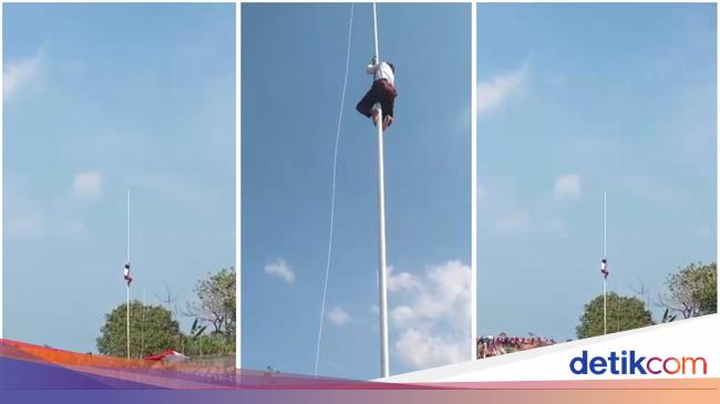 Siswa SD Lampung Panjat Tiang Bendera Perbaiki Pengait Saat Upacara HUT RI