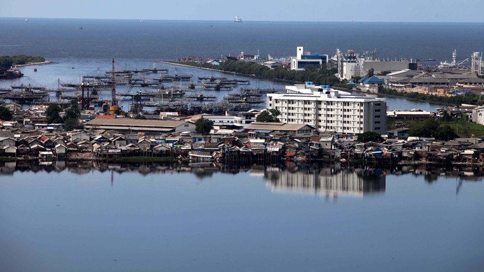Waduk pluit dari ketinggian tampak sebagian besar dipenuhi eceng gondok dan terlihat dangkal, Jakarta Utara, Senin (4/1). Pemerintah DKI Jakarta melakukan proses pengerukan hingga mencapai kedalam 10 meter dan pembersihan waduk tersebut. File/detikFoto.