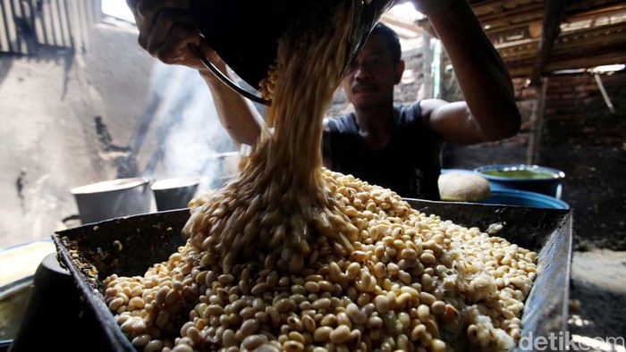 Seorang perajin tempe di kawasan Pasar Minggu Jakarta Selatan, Senin (26/8/2013) terlihat masih beraktifitas seperti biasa meski harga kedelai impor melonjak sangat tinggi. Harga kedelai import naik ke level tertinggi sejak Juni 2013 lalu. Sekitar hampir 90 persen kedelai kita yang digunakan untuk produksi tempe dan tahu adalah import. Para pengrajin tempe tahu menjerit dan bahkan hampir tak berproduksi. File/detikFoto.