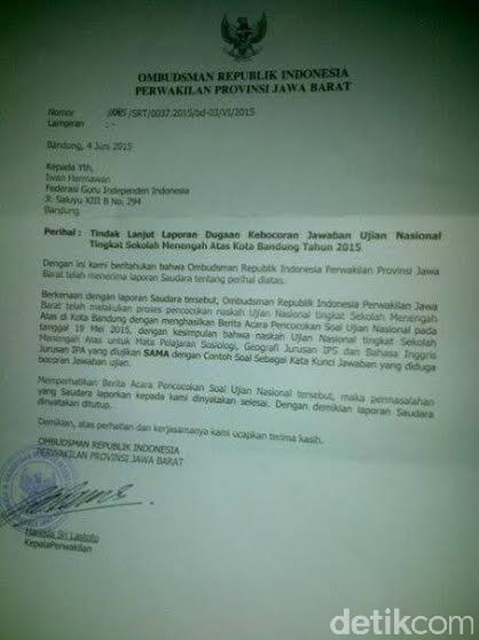 Ombudsman Jabar Pastikan Soal Un Sma Di Bandung Bocor