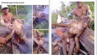 Pada 2015, publik digegerkan dengan unggahan di Facebook tentang pria yang memasak orangutan di Kalimantan Tengah. Dalam kasus ini polisi menetapkan Dadun bin Uja sebagai tersangka. Ia terbukti membakar bangkai orangutan untuk dimasak. (Foto: Facebook)