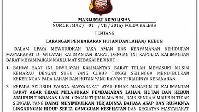 Kapolda Kalbar Keluarkan Maklumat Pembakar Lahan Diancam 10 Tahun Bui