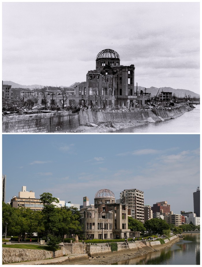 Hiroshima A combination picture shows the ruins of Nagasaki Medical College, destruction caused by the atomic bombing of Nagasaki on August 9, 1945 in this undated handout photo taken by Torahiko Ogawa and distributed by Nagasaki Atomic Bomb Museum (top) and the same location in Nagasaki, Japan July 31, 2015. On August 6, 1945 the U.S. dropped the atomic bomb on Hiroshima, killing about 140,000 by the end of the year, out of the 350,000 who lived in the city. Three days later a second atomic bomb was dropped on Nagasaki. As the 70th anniversary of the world's first nuclear attack approaches Reuters photographer Issei Kato sourced archive images of the cities in the aftermath of the bombing and revisited the same locations today. Mandatory credit REUTERS/Torahiko Ogawa/Nagasaki Atomic Bomb Museum /Handout via Reuters/Issei Kato PICTURE 9 OF 10 FOR WIDER IMAGE STORY