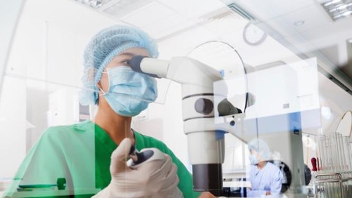 Peneliti melakukan penelitian dengan menggunakan mikroskop.