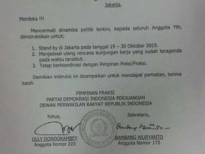 Ini Surat Perintah Agar Fraksi PDIP Standby di Jakarta Hingga Akhir Oktober