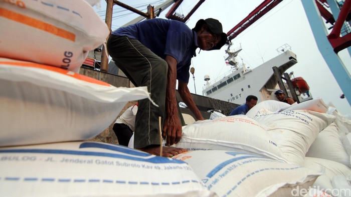 Beras impor asal vietnam masuk ke pelabuhan tanjung priok di deck 300 pos bitung, Jakarta Utara, Kamis (12/11/2015). Sebanyak 3 truk sudah menunggu untuk di isi beras import asal vietnam. Alfathir Yulianda/detikcom.