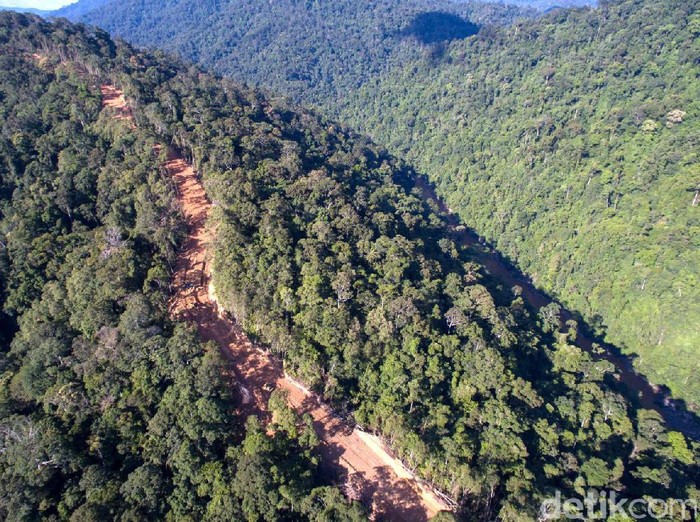 Hutan belantara di perbatasan Indonesia-Malaysia disulap menjadi akses jalan. Salah satu jalan yang saat ini sedang dibangun adalah ruas Mensalong-Tou Lumbis di Provinsi Kalimantan Utara. Istimewa/dok Kemen PU
