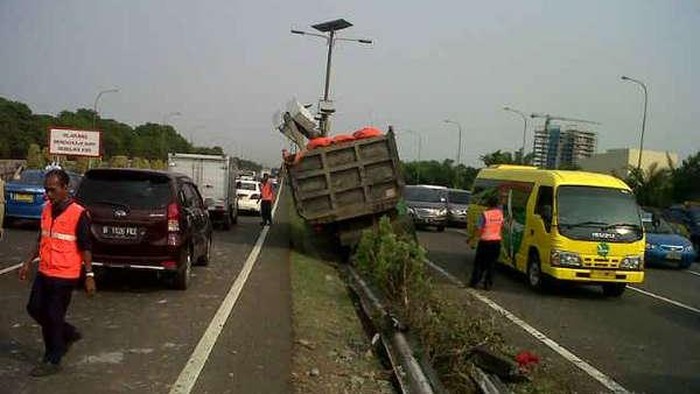 Truk Nyangkut Pembatas Jalan Tol Sedyatmo, Lalin Bandara Arah Pluit Padat