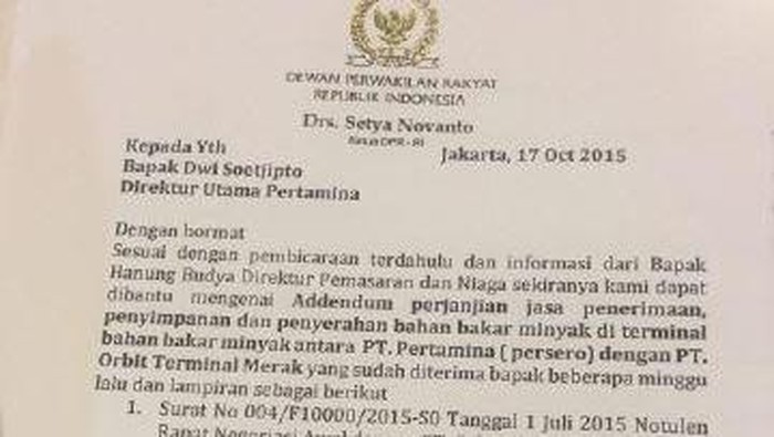 Beredar Surat Atas Nama Setya Novanto ke Pertamina Soal Penyimpanan BBM