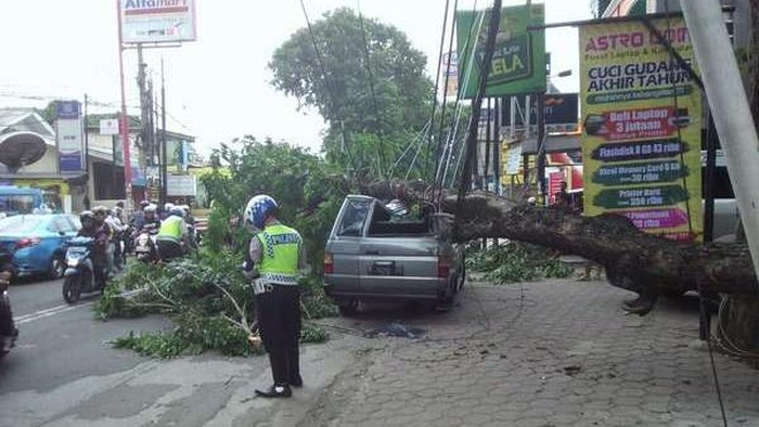 Mobil Tertimpa Pohon di Kelapa Dua Depok, Lalin Macet