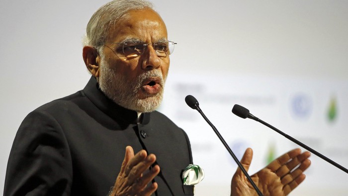 Indian Prime Minister Narendra Modi delivers a speech during the opening session of the World Climate Change Conference 2015 (COP21) at Le Bourget, near Paris, France, November 30, 2015.               REUTERS/Stephane Mahe