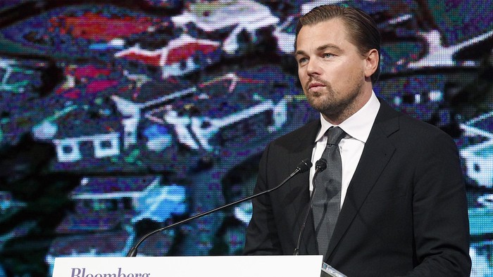 PARIS, FRANCE - DECEMBER 04:  US actor Leonardo DiCaprio delivers a speech during the Summit of Local elected for Climate at the Paris city hall on December 04, 2015 in Paris, France. Thousand mayors from different cities gather at the Paris city hall during the COP21, Paris Climate Conference.  (Photo by Thierry Chesnot/Getty Images)
