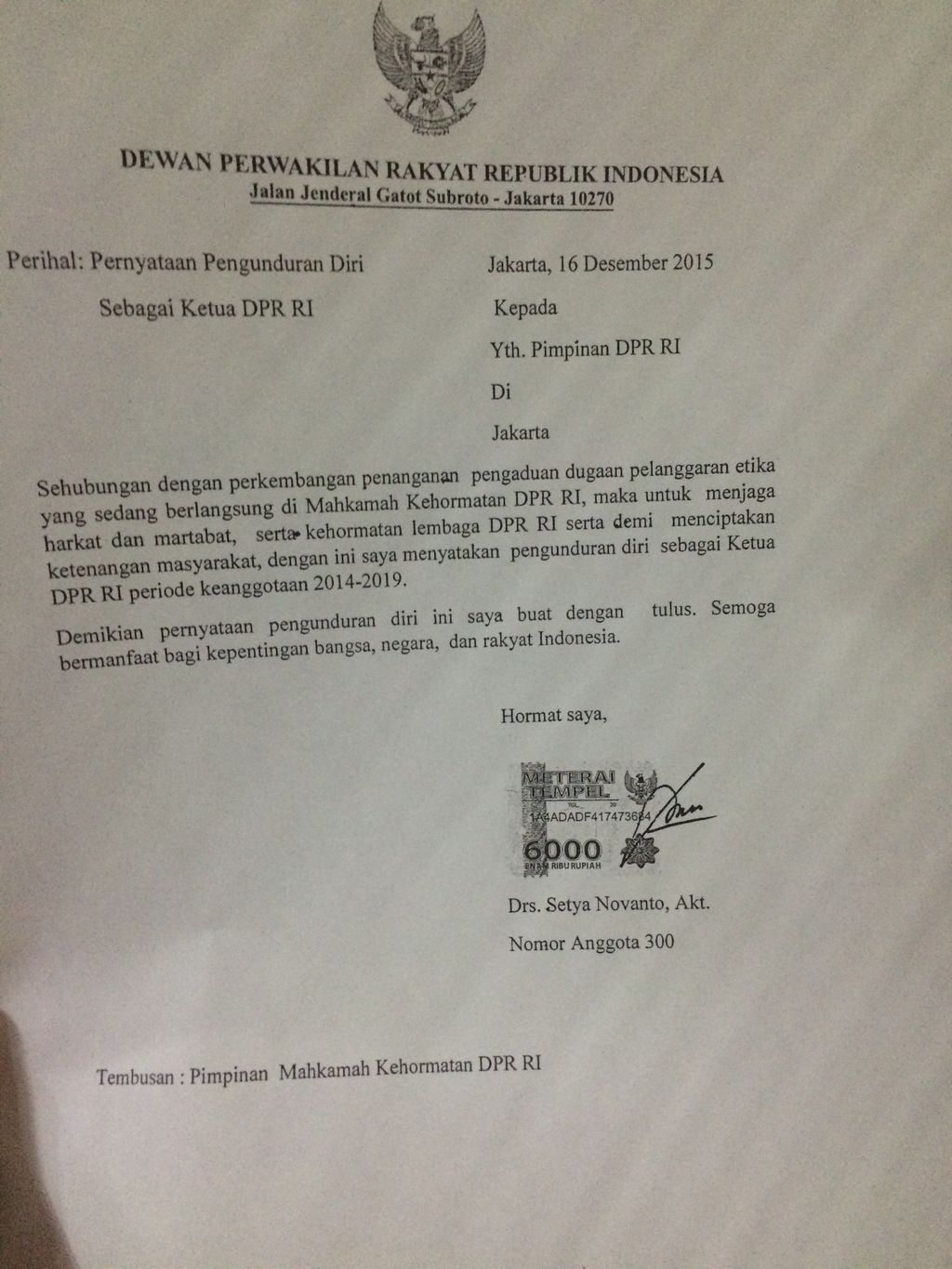 Ini Isi Lengkap Surat Pengunduran Diri Setya Novanto