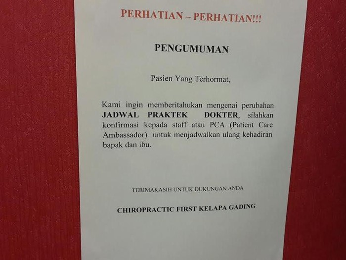 Telah Disegel Polisi, Chiropractic First Beritahu Pasien Jadwal Berubah