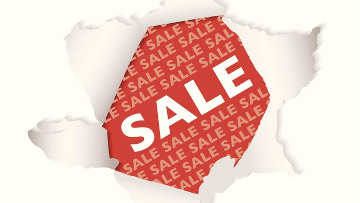 Red background sale tag with exploding hole and drop shadow
