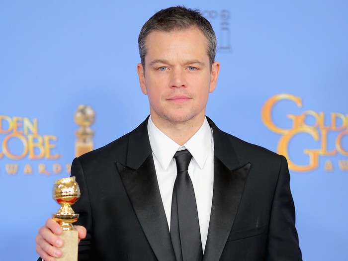 BEVERLY HILLS, CA - JANUARY 10:  Actor Matt Damon, winner of Best Performance by an Actor in a Motion Picture - Musical or Comedy, poses in the press room during the 73rd Annual Golden Globe Awards held at the Beverly Hilton Hotel on January 10, 2016 in Beverly Hills, California.  (Photo by Mark Davis/Getty Images)