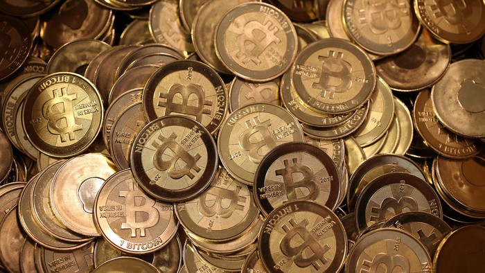 SALT LAKE CITY, UT - APRIL 26: A pile of Bitcoins are shown here after Software engineer Mike Caldwell minted them in his shop on April 26, 2013 in Sandy, Utah. Bitcoin is an experimental digital currency used over the Internet that is gaining in popularity worldwide. (Photo by George Frey/Getty Images)