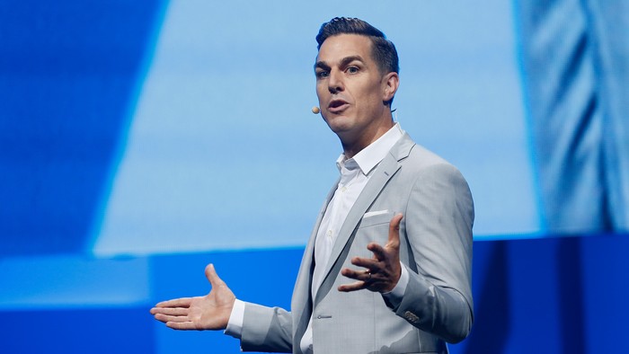 LOS ANGELES, CA - JUNE 15:  Electronic Arts Chief Executive Officer Andrew Wilson speaks during the Electronic Arts E3 press conference at the LA Sports Arena on June 15, 2015 in Los Angeles, California. The EA press conference is held in conjunction with the annual Electronic Entertainment Expo (E3) which focuses on gaming systems and interactive entertainment, featuring introductions to new products and technologies.  (Photo by Christian Petersen/Getty Images)