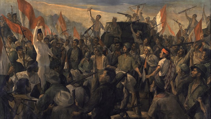 Lukisan Dullah berjudul Bung Karno di Tengah Perang Revolusi
