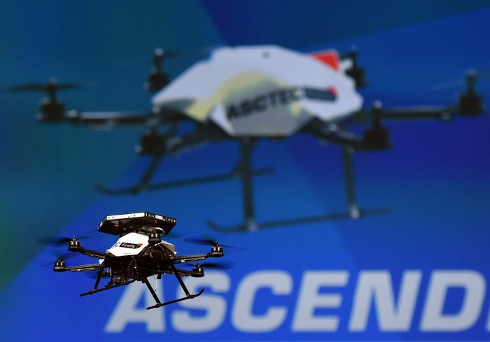LAS VEGAS, NV - JANUARY 06:  An AscTec Firefly multi-copter drone with Intel RealSense cameras is flown during a keynote address by Intel Corp. CEO Brian Krzanich at the 2015 International CES at The Venetian Las Vegas on January 6, 2015 in Las Vegas, Nevada. CES, the worlds largest annual consumer technology trade show, runs through January 9 and is expected to feature 3,600 exhibitors showing off their latest products and services to about 150,000 attendees.  (Photo by Ethan Miller/Getty Images)