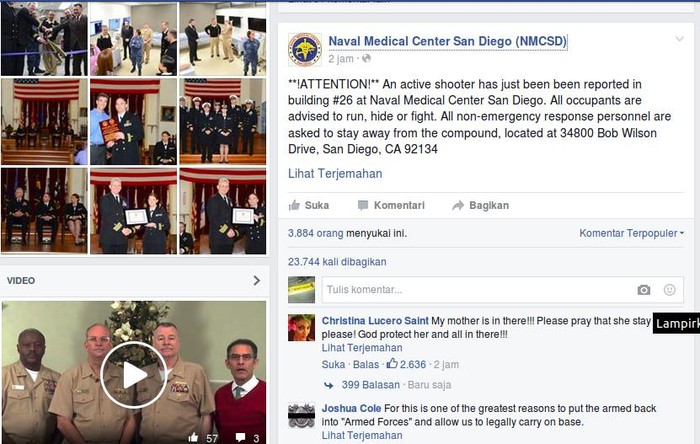 Polisi Tak Temukan Adanya Penembakan di RS Militer San Diego, AS
