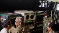 Tujuh ekor orangutan yang telah dimasukkan ke dalam kerangkeng itu dinaikkan ke atas truk untuk dibawa ke Bandara Soekarno-Hatta.