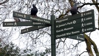 Area taman dan Istana Buckingham cukup luas, dan turis dipermudah dengan penunjuk jalan seperti ini.