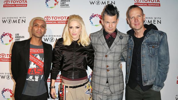 LOS ANGELES, CA - MAY 16: (L-R) Musicians Tony Kanal, Gwen Stefani, Adrian Young, and Tom Dumont of the band No Doubt attend An Evening with Women Benefiting the Los Angeles LGBT Center at the Hollywood Palladium on May 16, 2015 in Los Angeles, California.  (Photo by Frederick M. Brown/Getty Images)