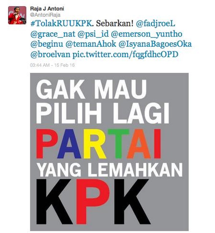 Gerakan Gak Mau Pilih Parpol yang Lemahkan KPK Muncul di Twitter