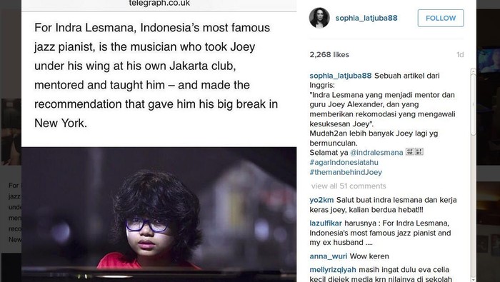 Gara-gara Joey Alexander, Sophia Latjuba Puji Mantan Suami