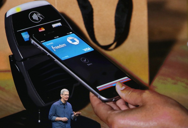 SAN FRANCISCO, CA - OCTOBER 20:  The Apple Pay logo is displayed in a mobile kiosk sponsored by Visa and Wells Fargo to demonstrate the new Apple Pay mobile payment system on October 20, 2014 in San Francisco City. Apple's Apple Pay mobile payment system launched today at select banks and retail outlets. (Photo by Justin Sullivan/Getty Images)