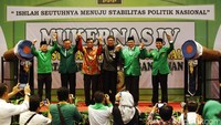 (Kiri ke kanan) Suharso Monoarfa, Hasrul Azwar, Yasonna Laoly, Tjahjo Kumolo, Emron Pangkapi, dan Romahurmuzi hadir dalam Mukernas PPP di Ancol, Jakarta, Rabu (24/2/2016).
