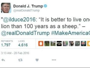 Donald Trump Kutip Mussolini dalam Twitternya